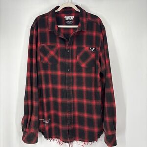 Distorted People Flannel Shirt Mens XL Red Plaid‎ Pockets Distressed